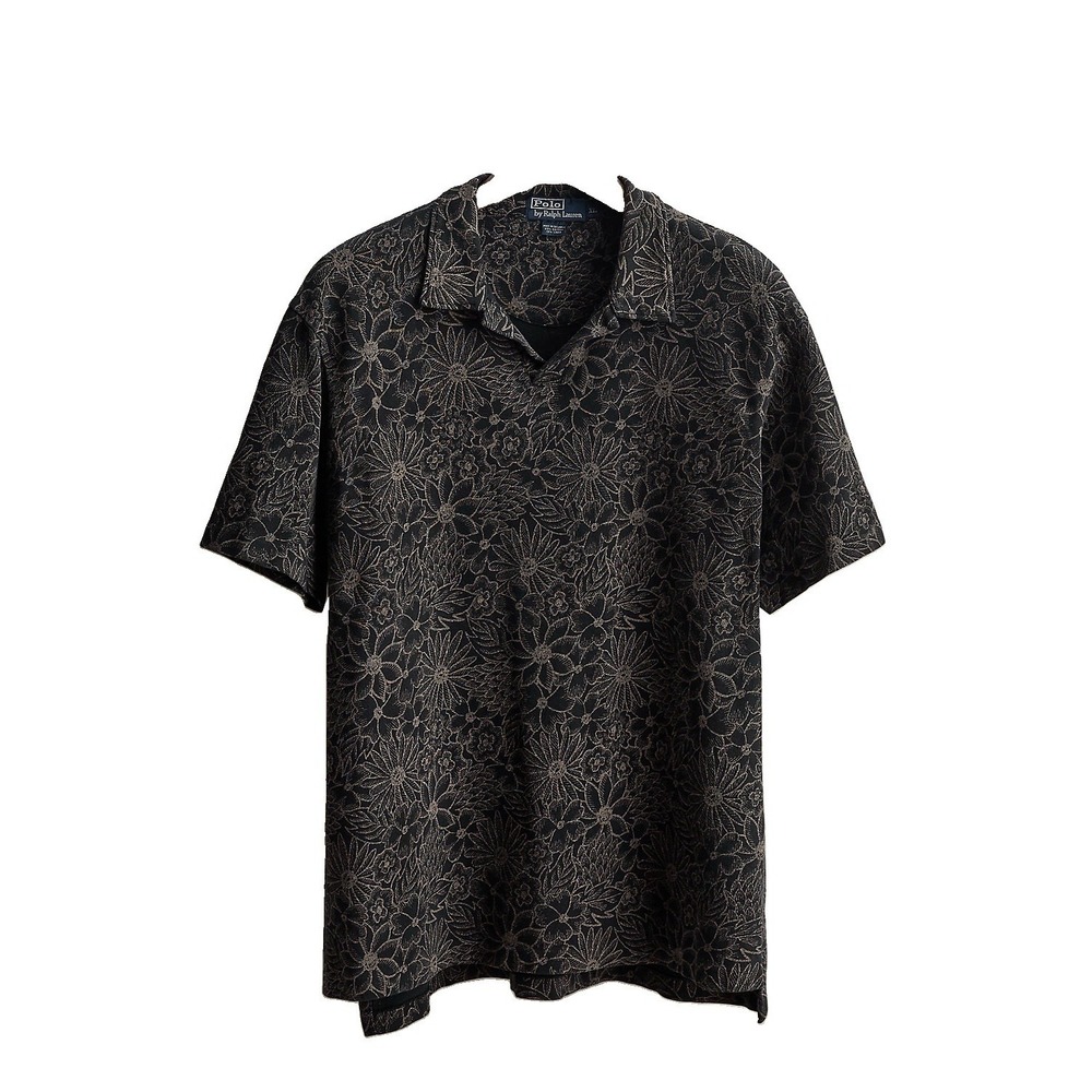 Polo Ralph Lauren 2003‎ XXL Hawaiian Linen Cotton Blue Tan V Neck Shirt Men's